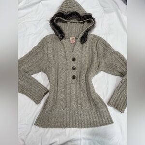 Vintage Faded Glory Cozy Fur Hood Chunky Cable Knit Sweater - Y2k